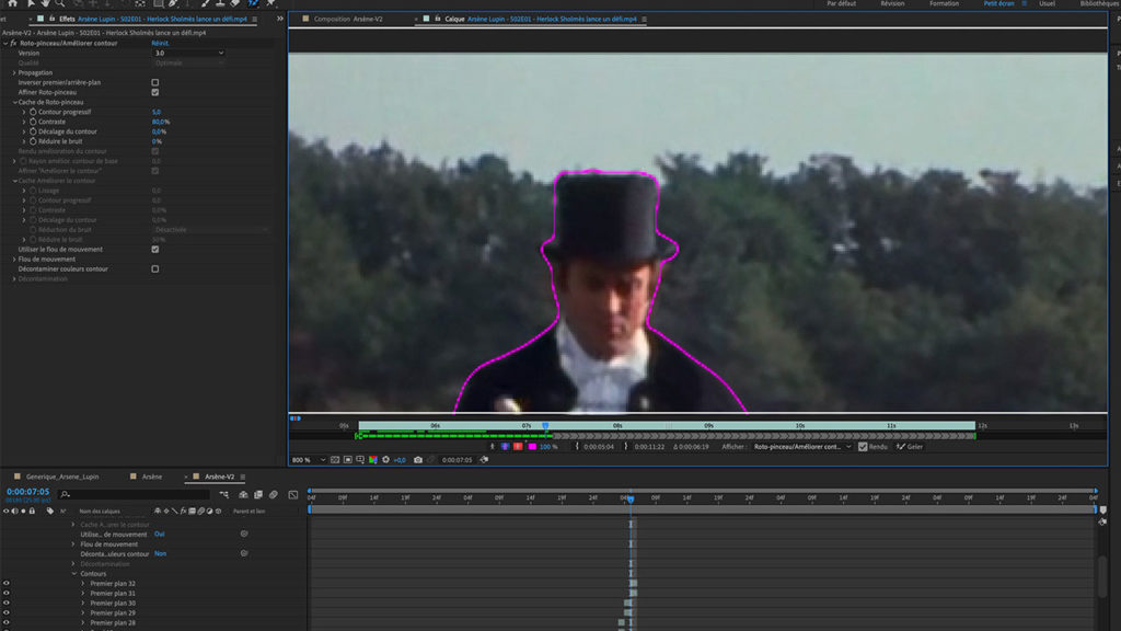 Capture d'écran du logiciel After Effects pour la rotoscopie sur la générique revisité de Arsène Lupin.